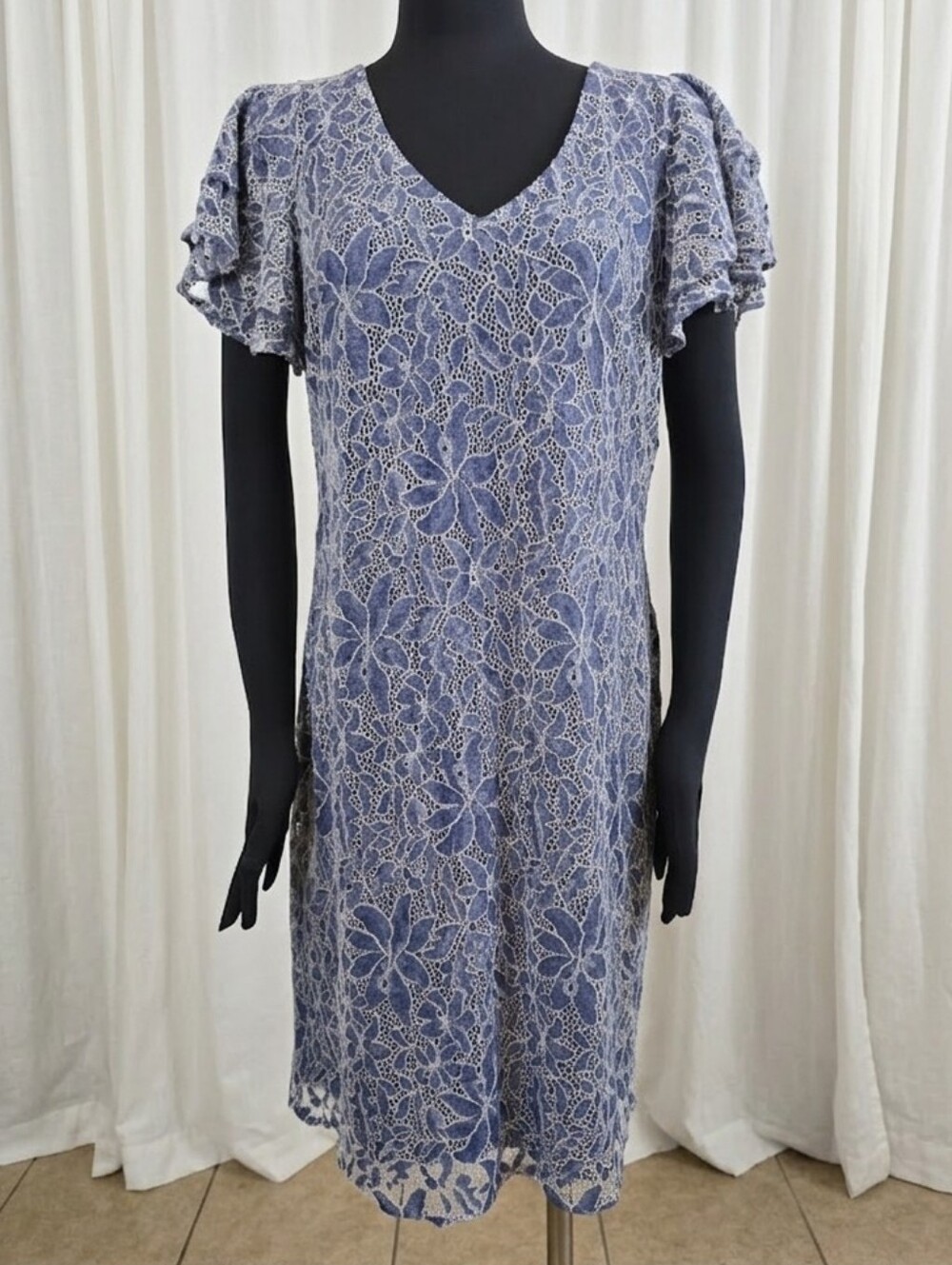 New York Clothing Co. Dusty Blue Floral Lace Midi Dress with V-Neck